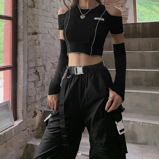 Patchwork Black T-shirts Shoulder Sleeve Crop Tops.