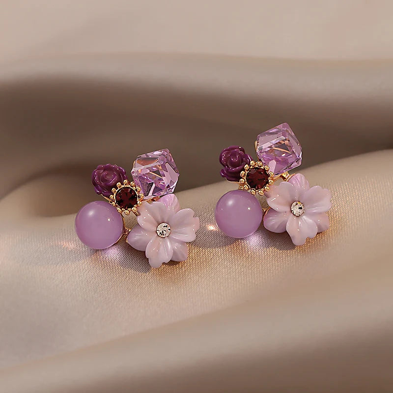 Purple Crystal Flower Earrings.