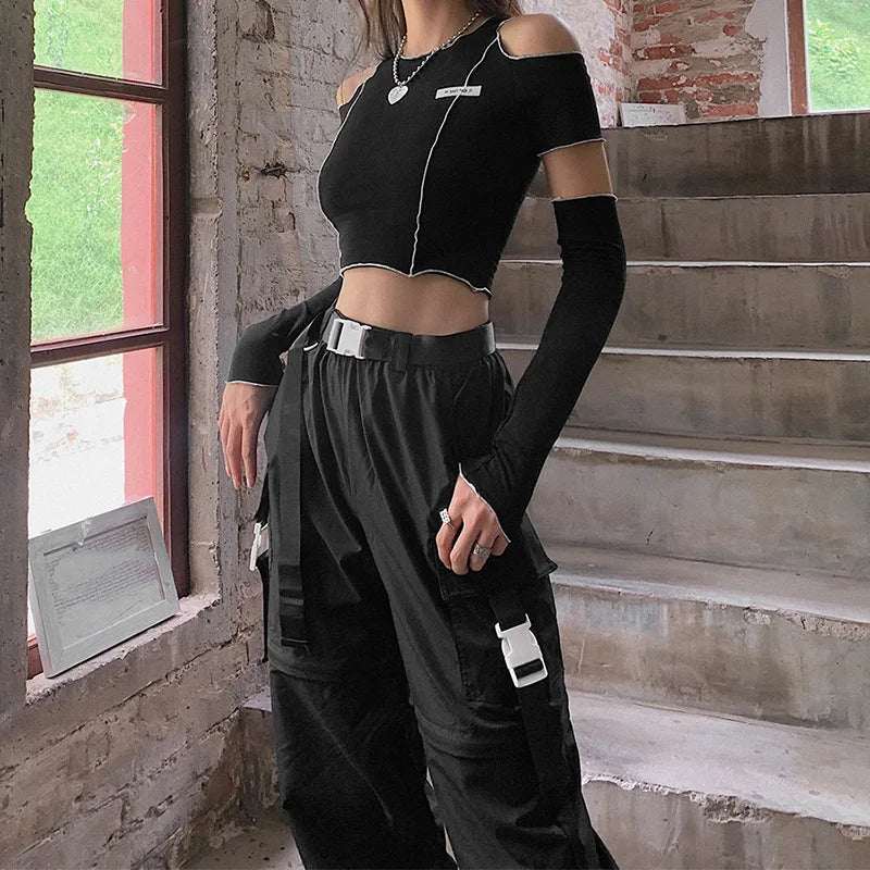 Patchwork Black T-shirts Shoulder Sleeve Crop Tops.