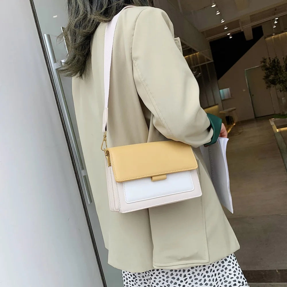 Contrast color Leather Crossbody Bags For Women Travel Handbag.