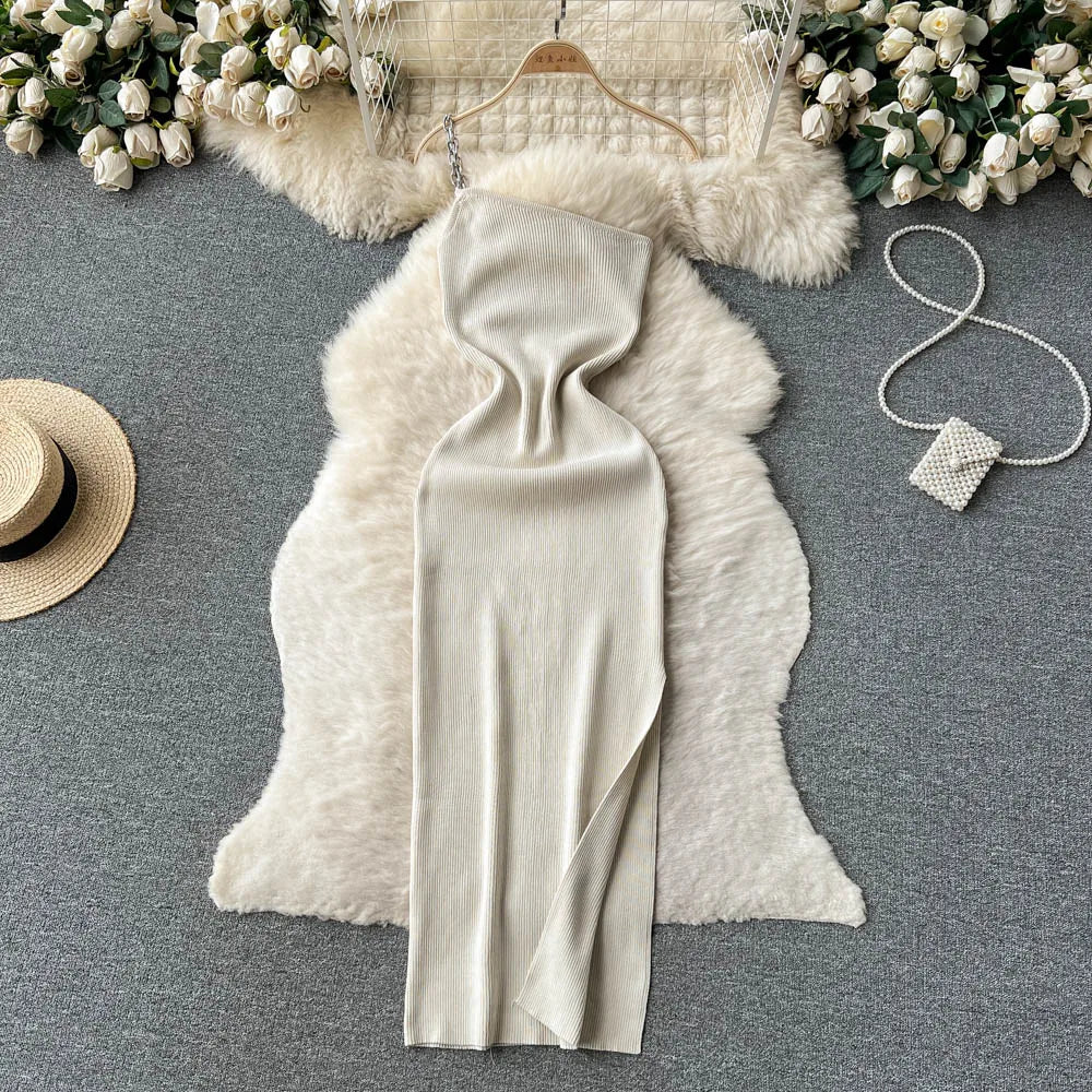 YuooMuoo Autumn Chains One-Shoulder Knitted Dress High Split Wrap Hips Bodycon.