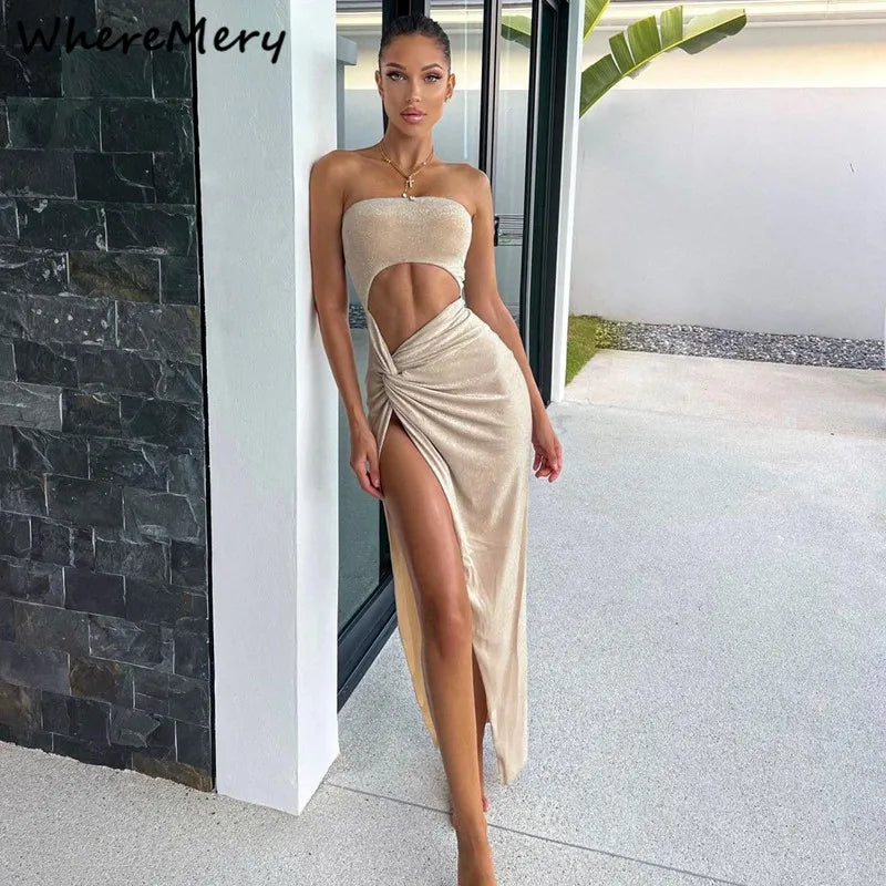 Summer Sleeveless Slit Dress Hollow Out Skinny Elegant.