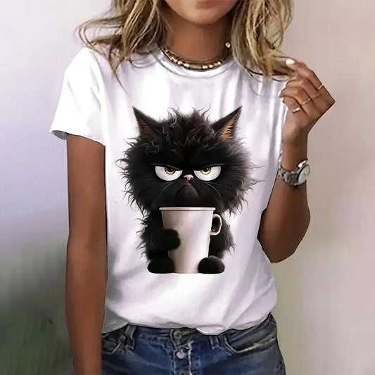 Summer Women's T Shirt Cat Print Casual.