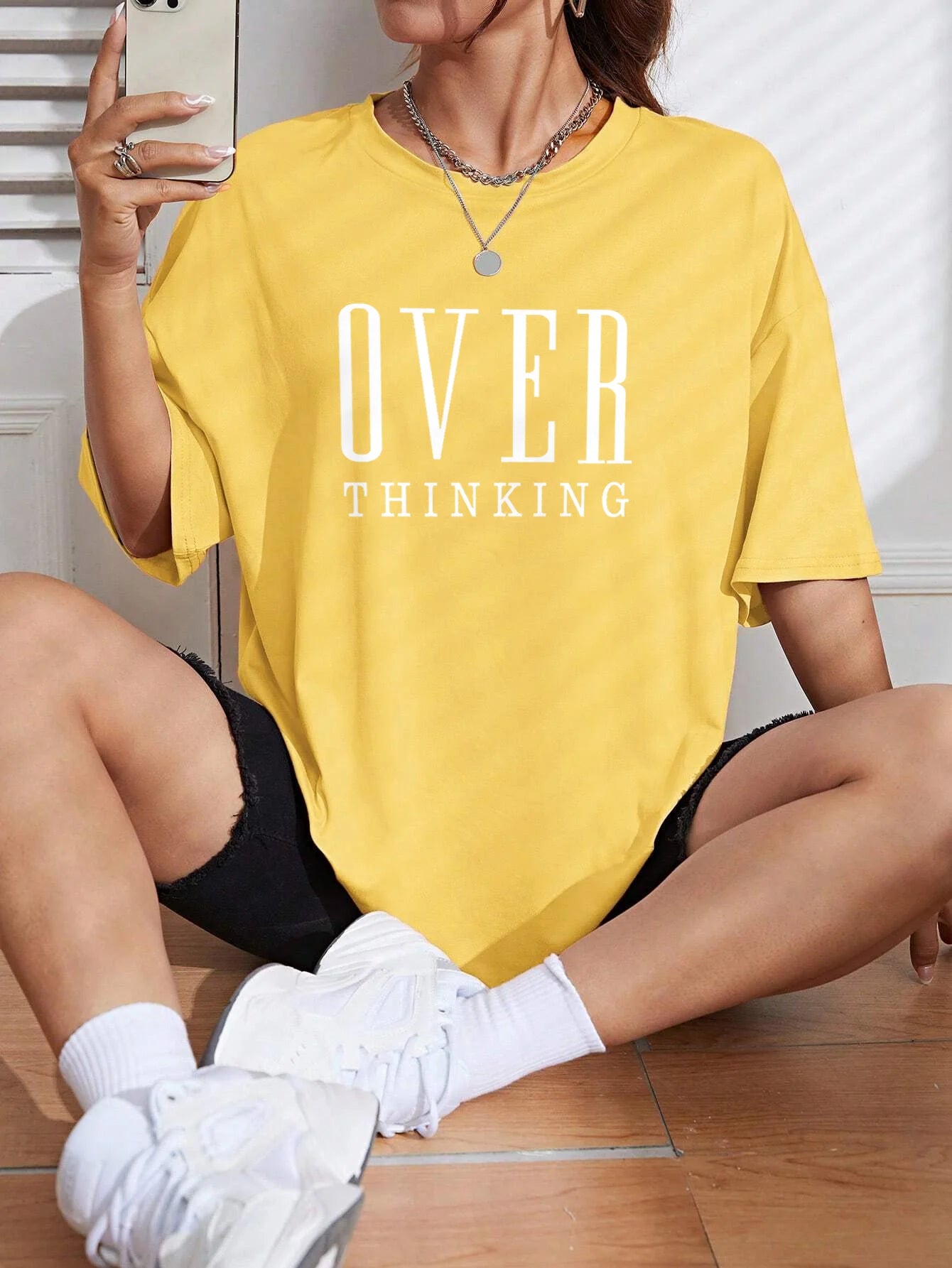 Over Thinking Letter Print Breathable Vintage O-Neck T-Shirt.