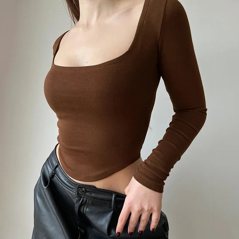 Square Collar Long Sleeve Casual T Shirt.