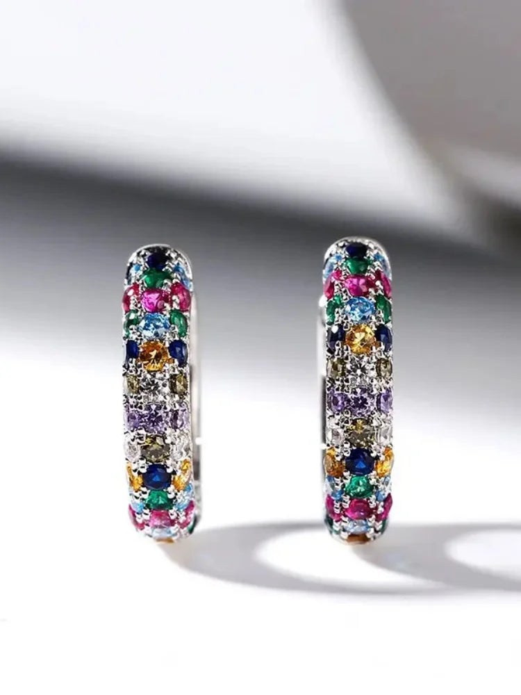 Women's Mini Round Silver Earring Set, Colorful Zircon Earrings.