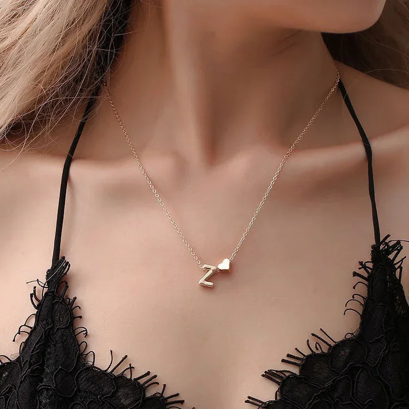 Fashion Tiny Heart Dainty Initial Necklace Gold Silver Color Letter Name Choker.