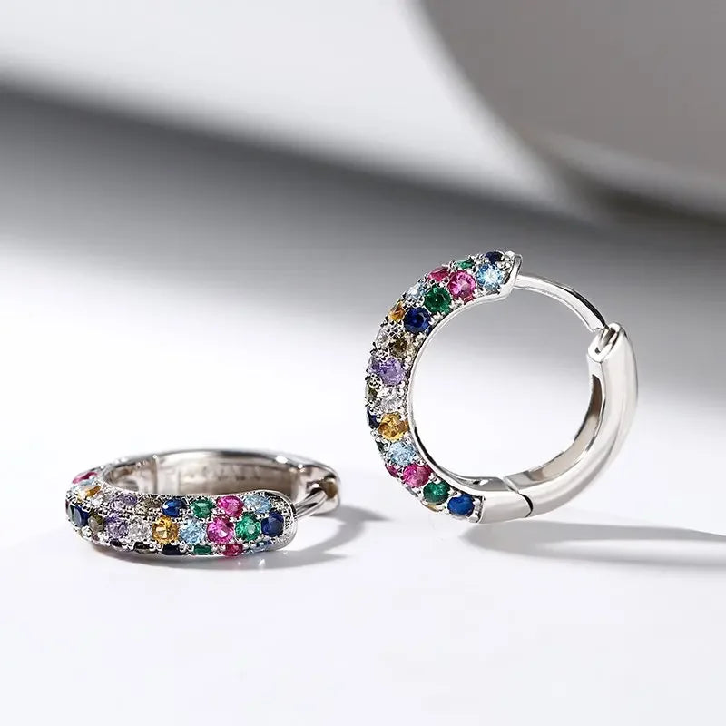 Women's Mini Round Silver Earring Set, Colorful Zircon Earrings.