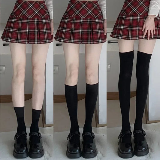 Solid Color Black White Long Socks Stockings JK Japan Style School Girls Thigh High Stockings.