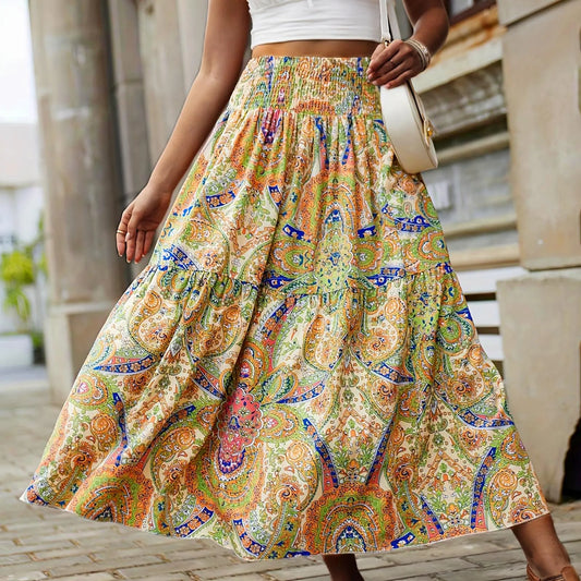 Vintage Boho Skirts Summer Elastic Waist A-Line Faldas Bohemian Printed Flowy Skirt Beachside Swing Maxi Long Skirt.