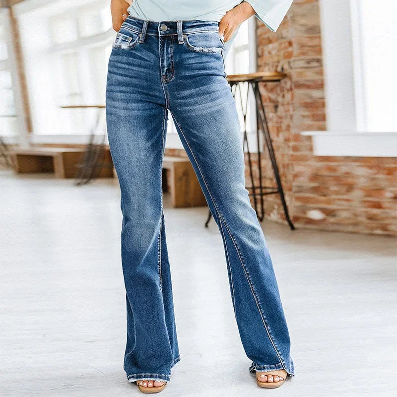 High-waist Splicing Flared, Temperament Washed High-waist Jeans.