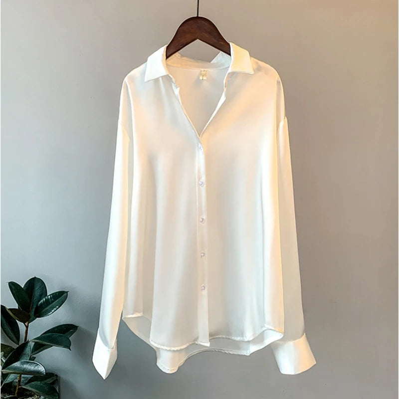 Spring Fashion Button Up Silk Shirt Vintage Blouse.