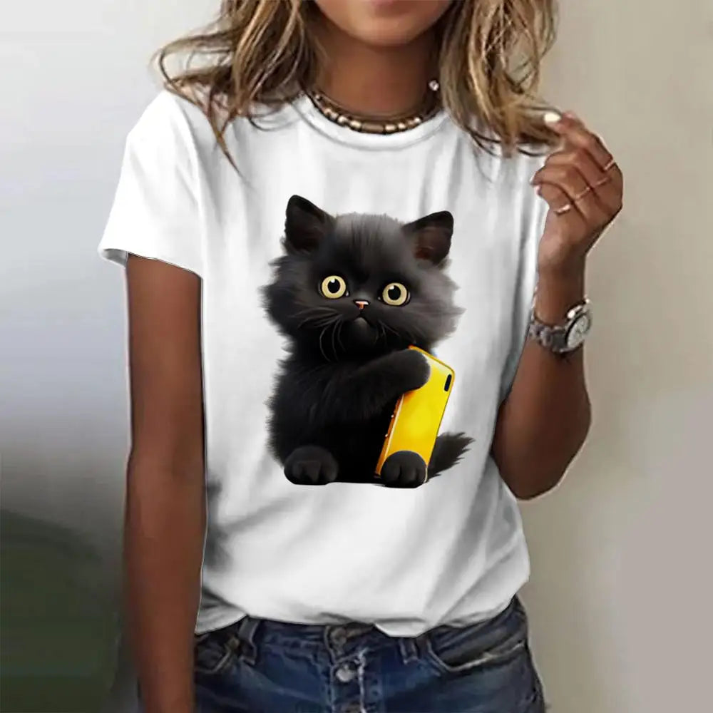 Summer Women's T Shirt Cat Print Casual.