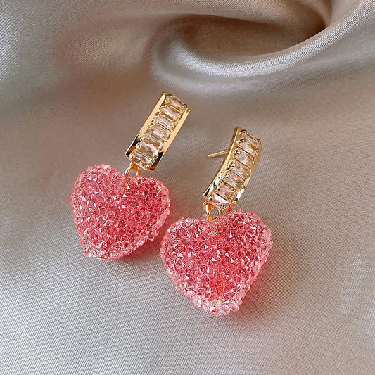 Trendy Lovely Pink Heart Dangle Crystal Earrings.