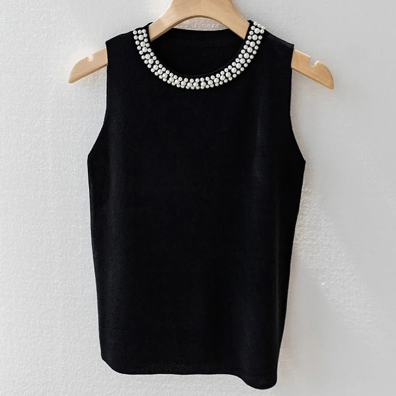 Knitted Vests Top Solid Tank Blusas Sleeveless Beading Casual Tops Thin Mujer De Moda.