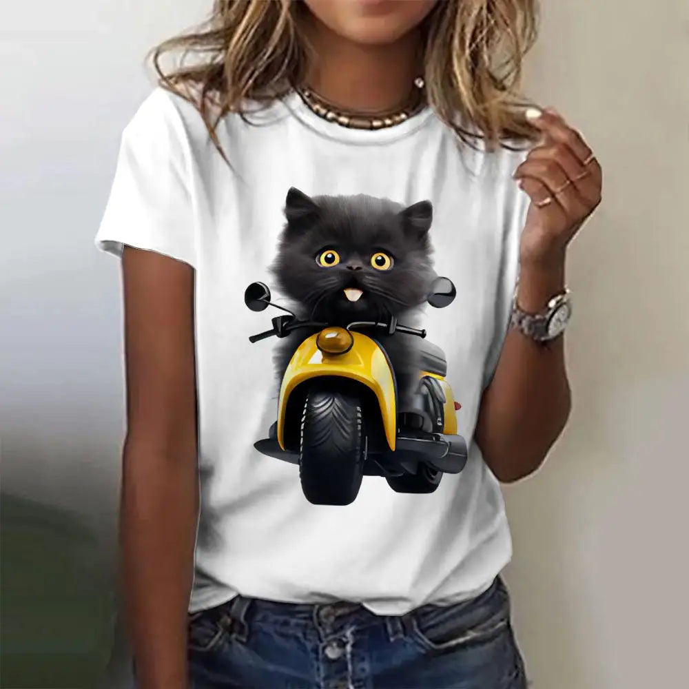 Summer Women's T Shirt Cat Print Casual.