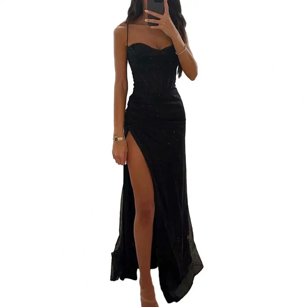 Summer Bodycon Dress Shiny Sequins Spaghetti Strap Split High Waist.