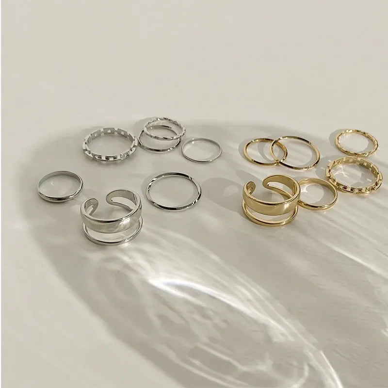 7pcs Fashion Jewelry Rings Set Metal Hollow Round Opening Ring.