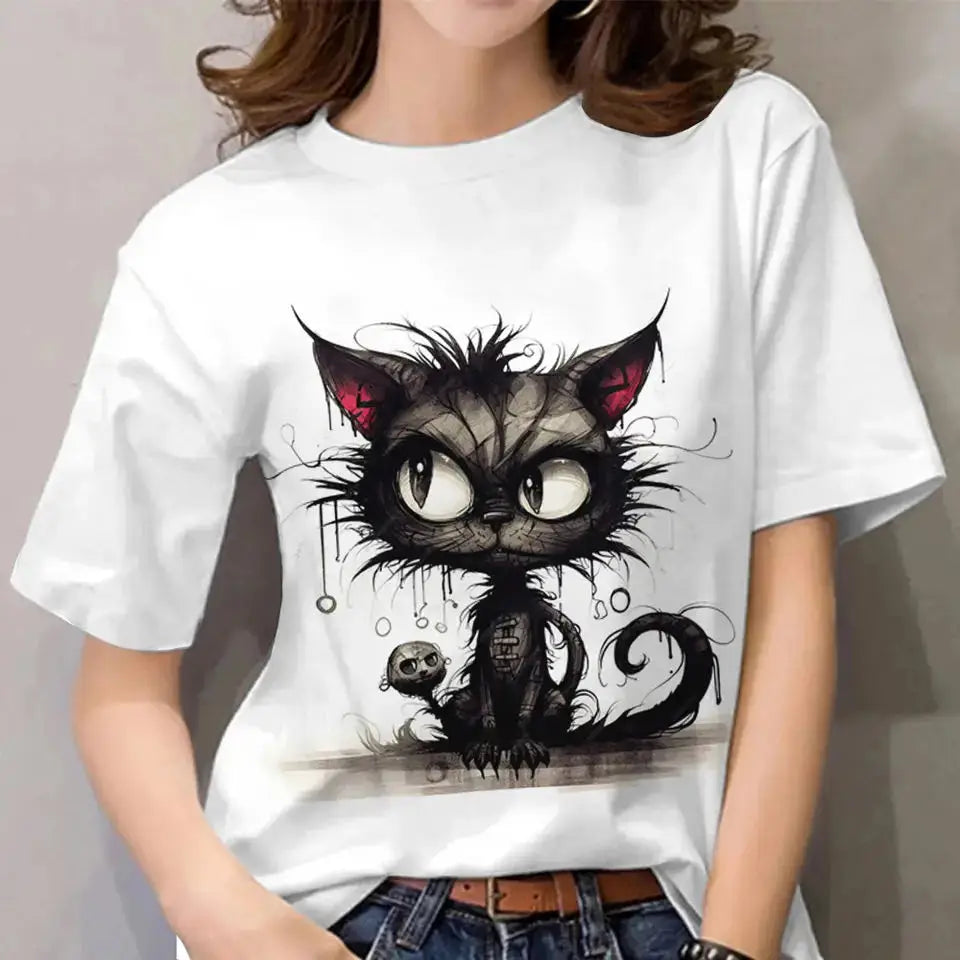 Summer Women's T Shirt Cat Print Casual.