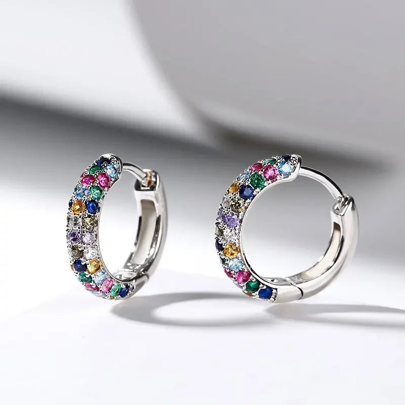 Women's Mini Round Silver Earring Set, Colorful Zircon Earrings.