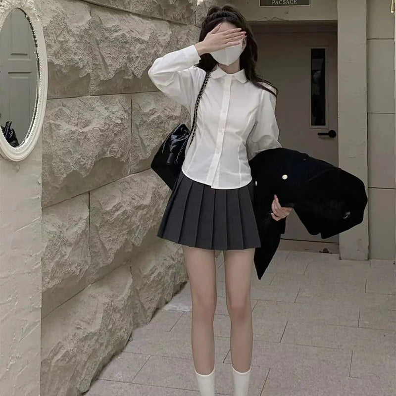 Women's White Shirt Preppy Style Long Sleeve Turndown School Girl 2024.