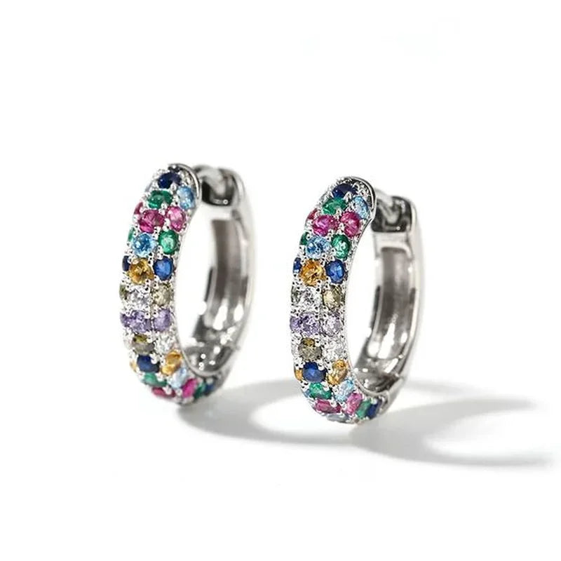 Women's Mini Round Silver Earring Set, Colorful Zircon Earrings.