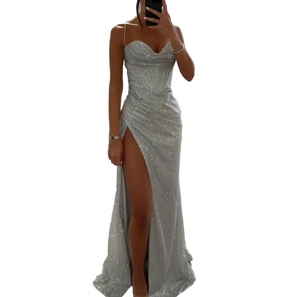 Summer Bodycon Dress Shiny Sequins Spaghetti Strap Split High Waist.