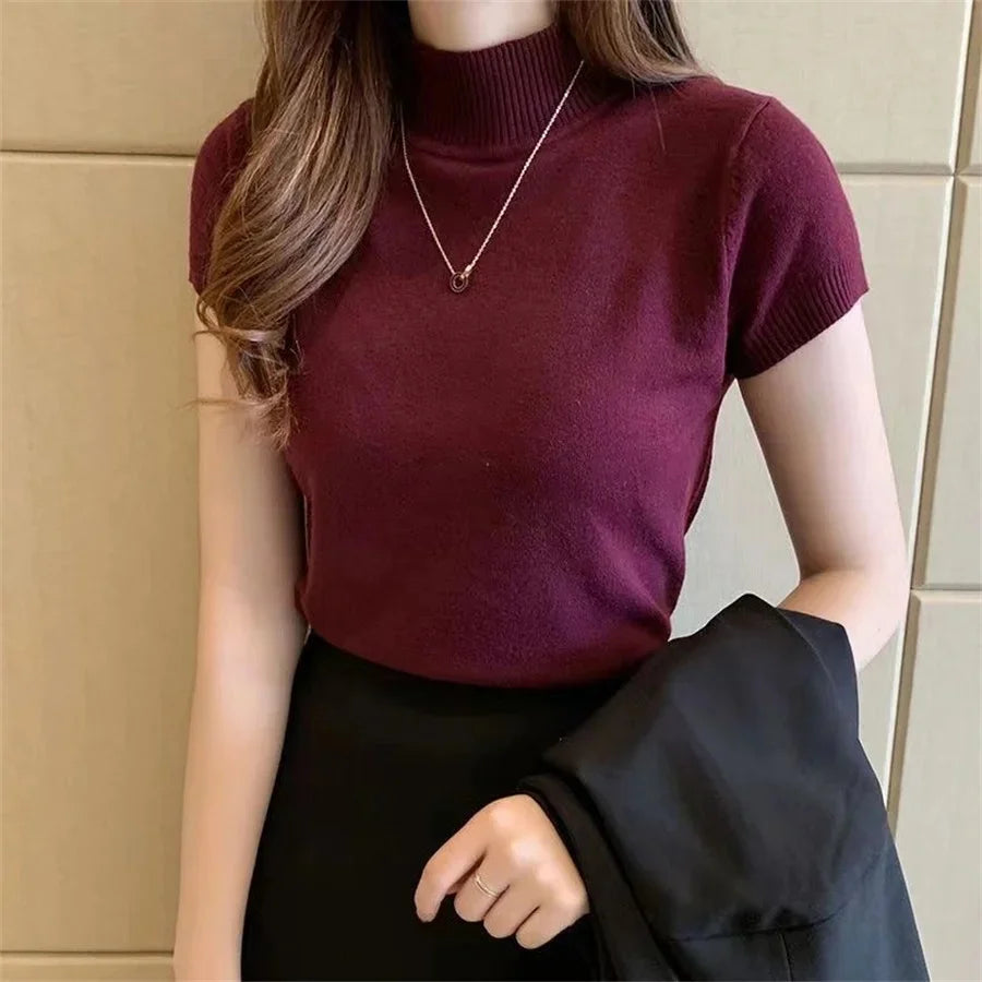 Summer Knitted Pullover Sweater Lady Casual Turtleneck T-Shirt