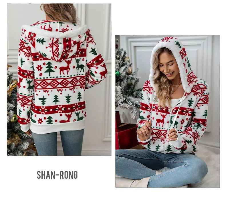 FairyShely 2024 Autumn Christmas Print Hooded Women’s Jacket