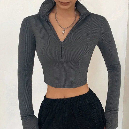 T-shirt Turtleneck Zipper Crop Tops.