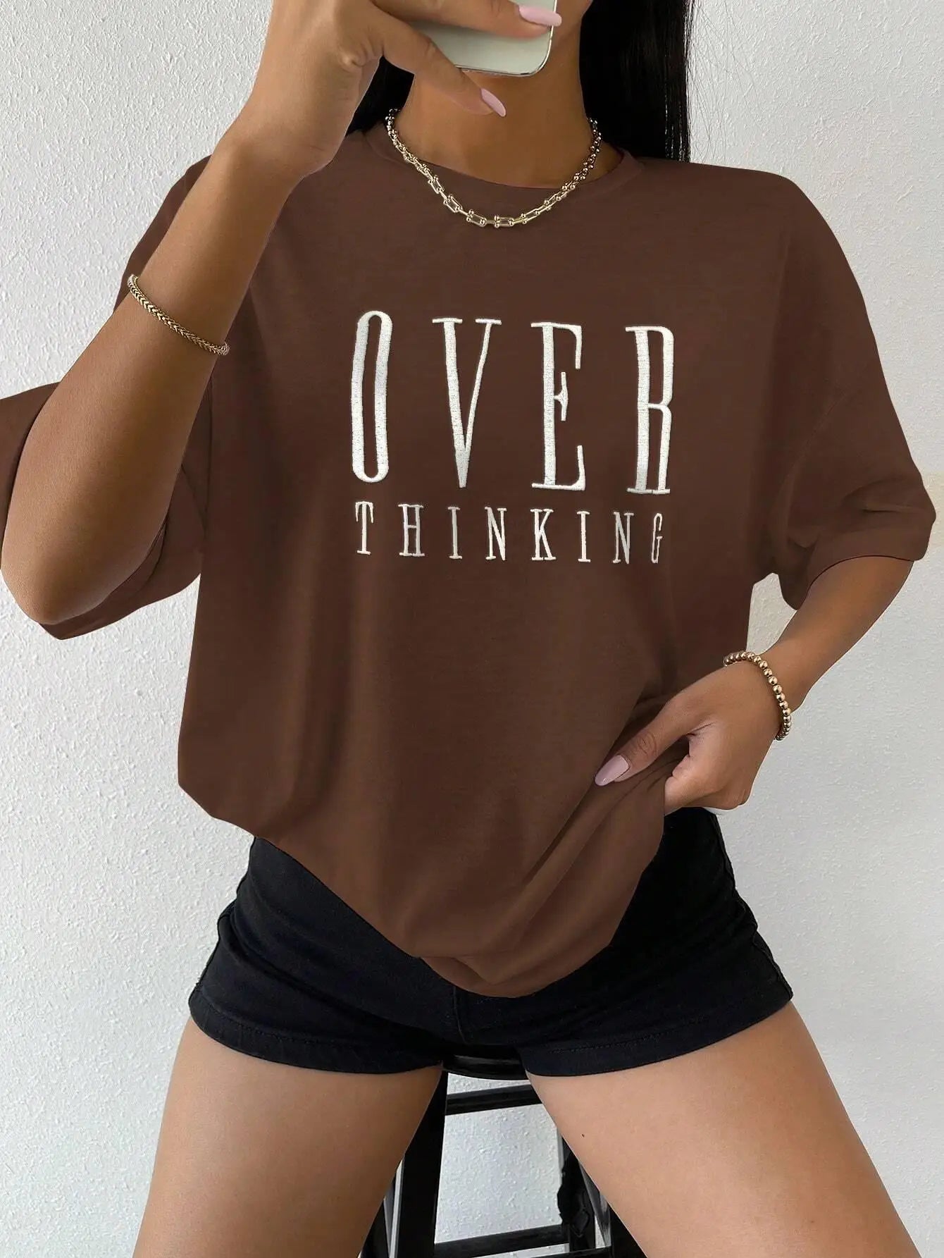 Over Thinking Letter Print Breathable Vintage O-Neck T-Shirt.