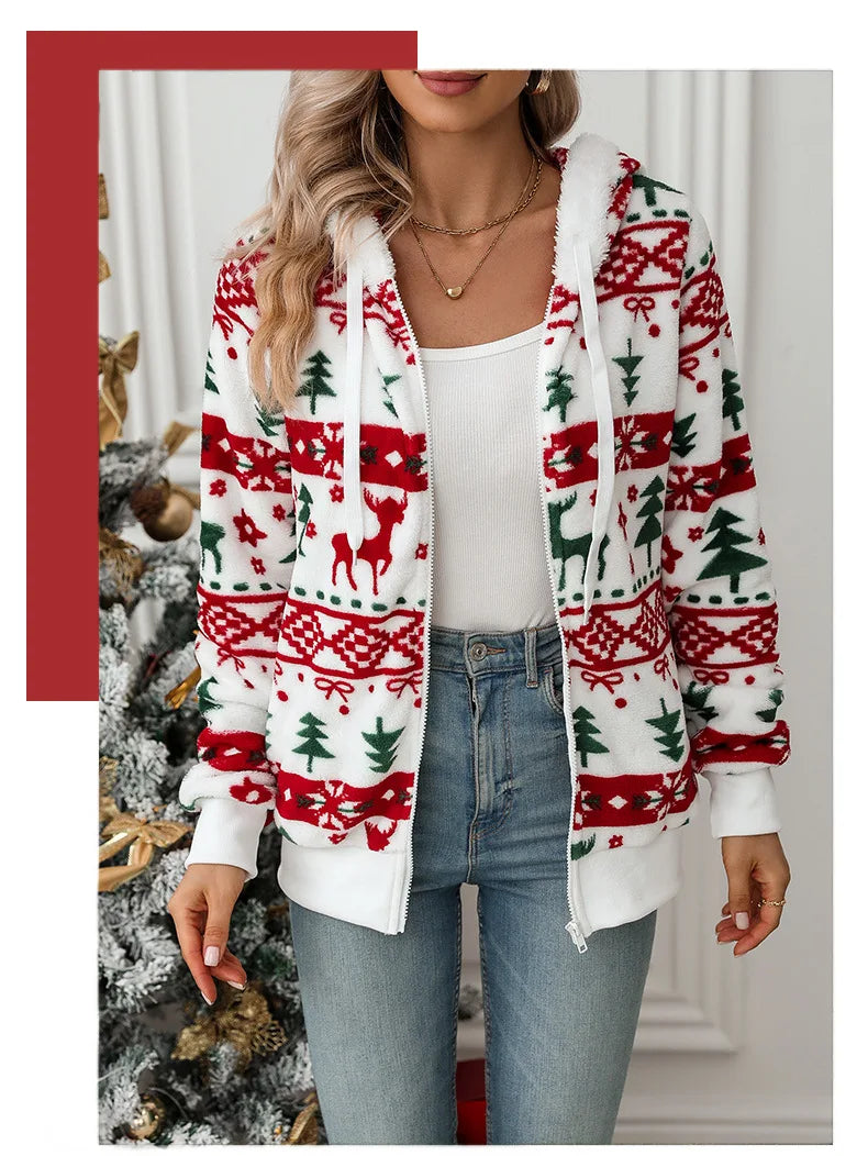 FairyShely 2024 Autumn Christmas Print Hooded Women’s Jacket