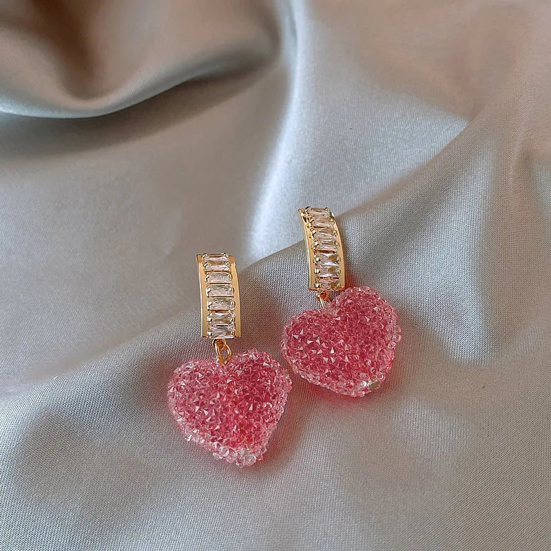 Trendy Lovely Pink Heart Dangle Crystal Earrings.