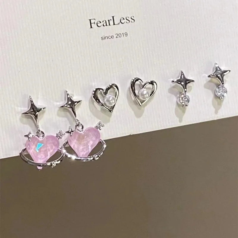 6Pcs/set Silver Color Rhinestone Butterfly Earrings.