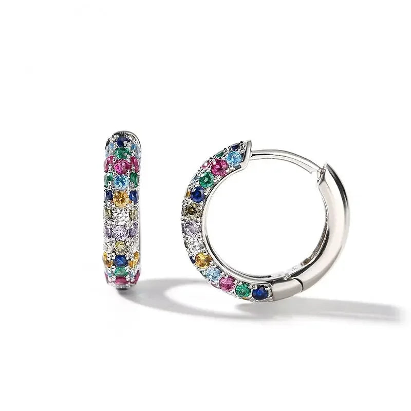 Women's Mini Round Silver Earring Set, Colorful Zircon Earrings.