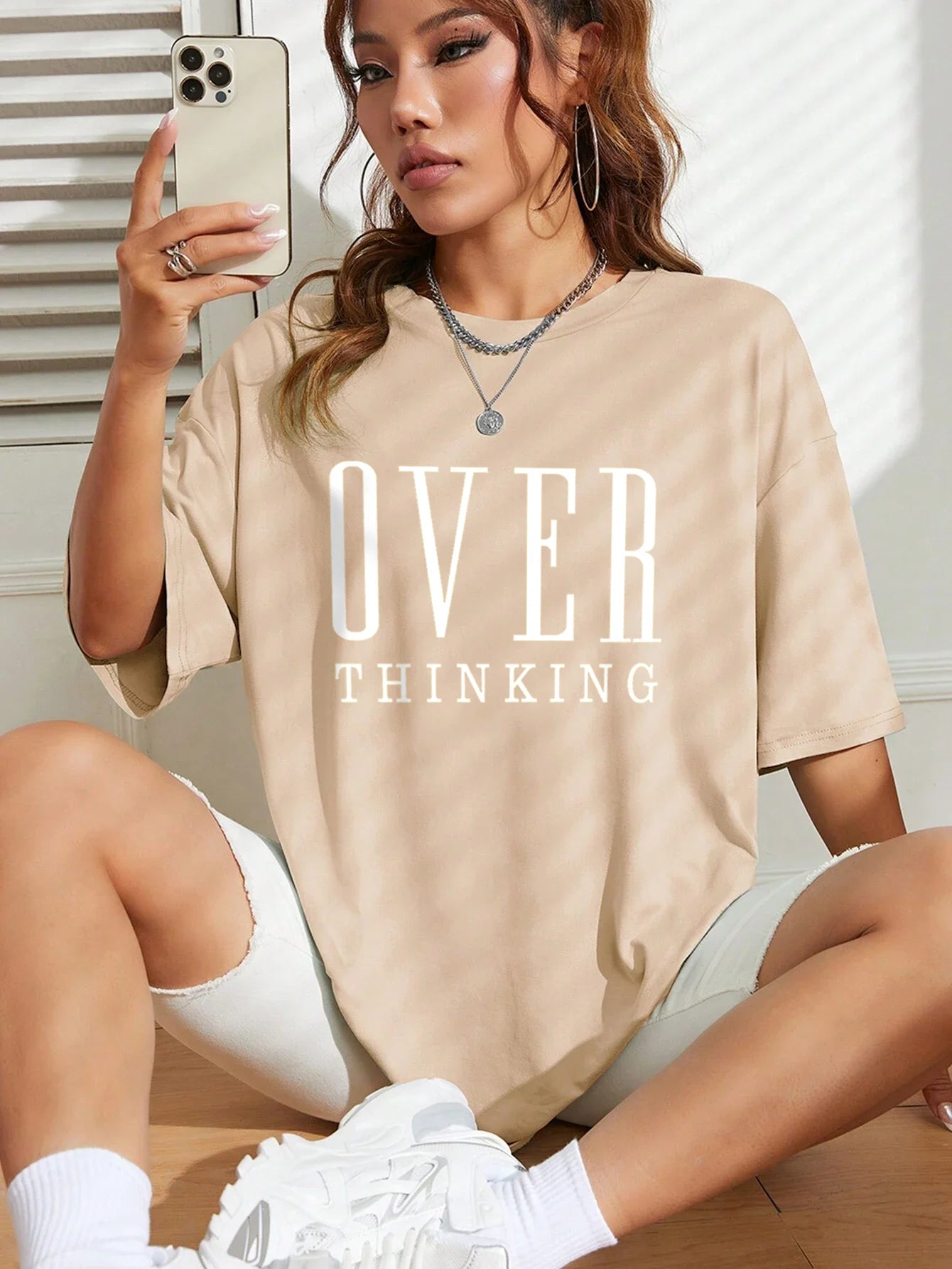 Over Thinking Letter Print Breathable Vintage O-Neck T-Shirt.