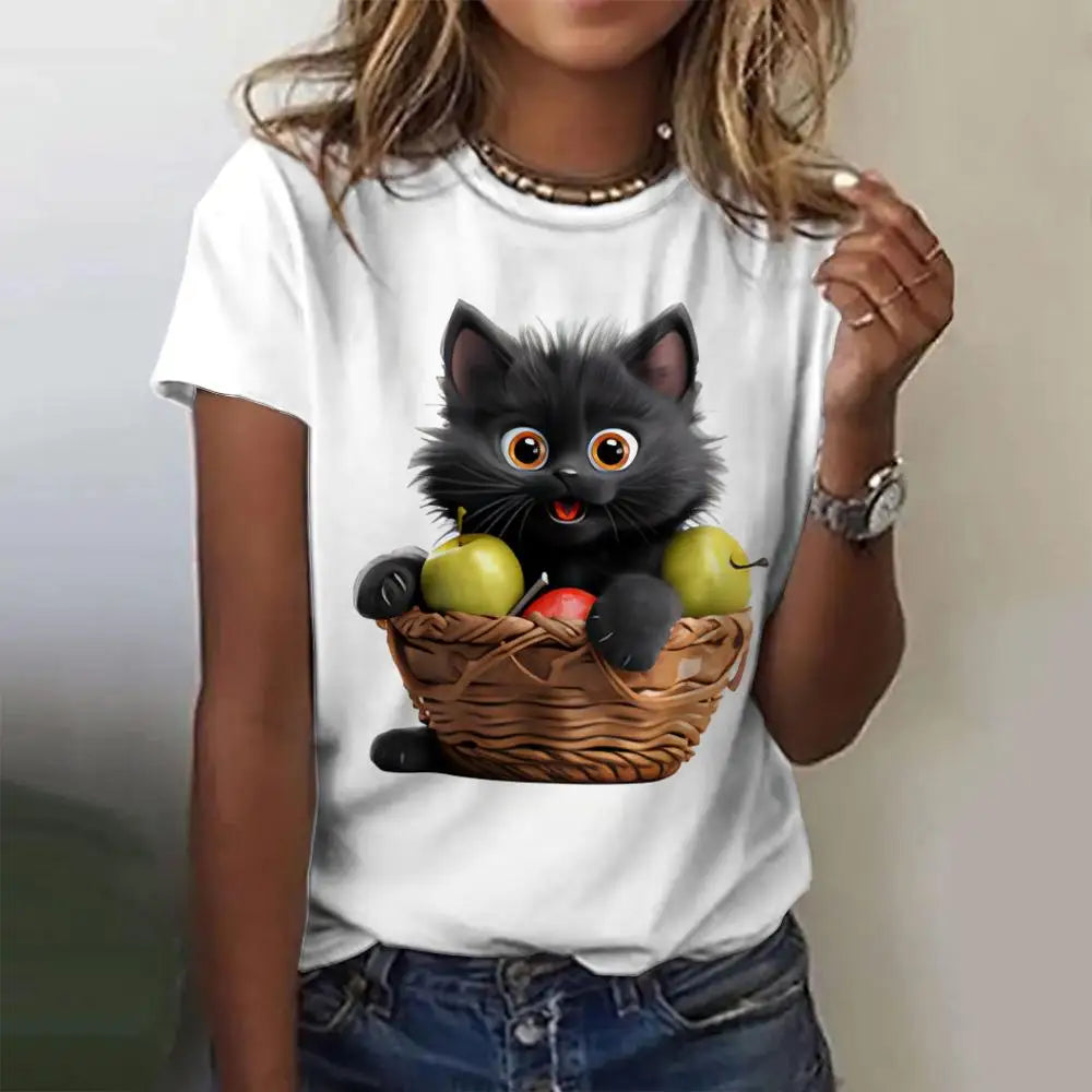 Summer Women's T Shirt Cat Print Casual.