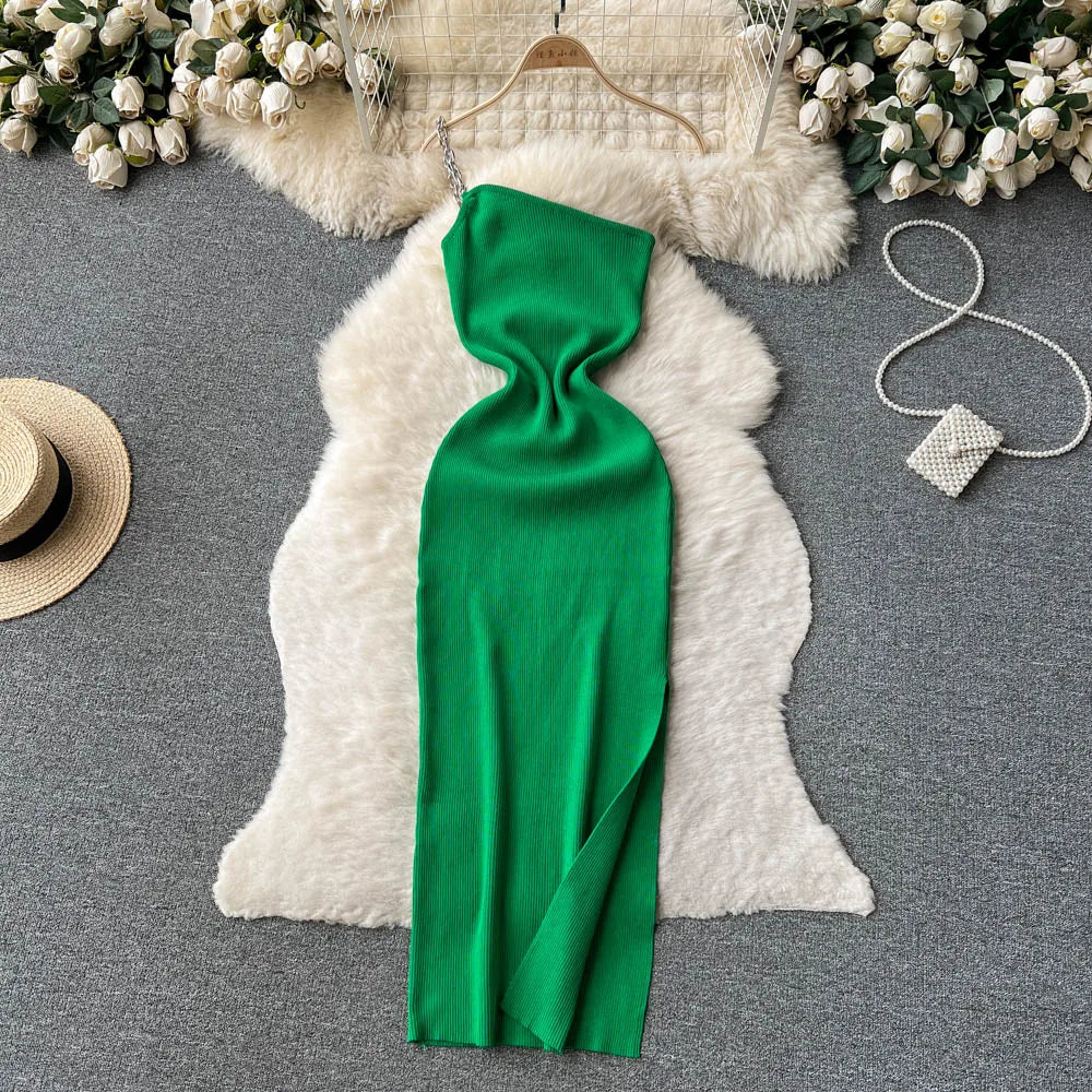 YuooMuoo Autumn Chains One-Shoulder Knitted Dress High Split Wrap Hips Bodycon.