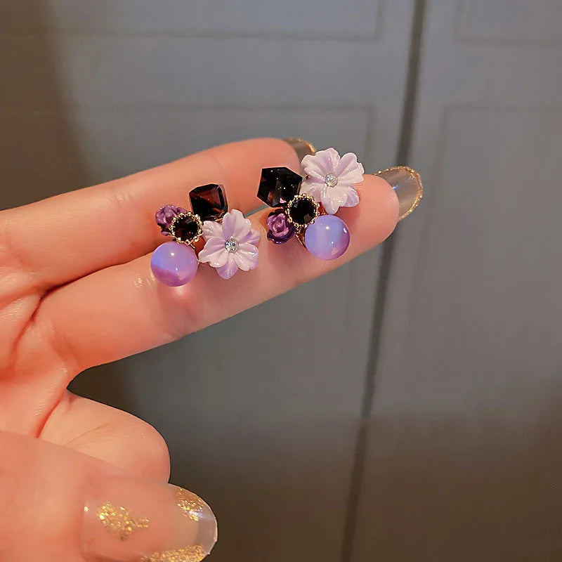 Purple Crystal Flower Earrings.