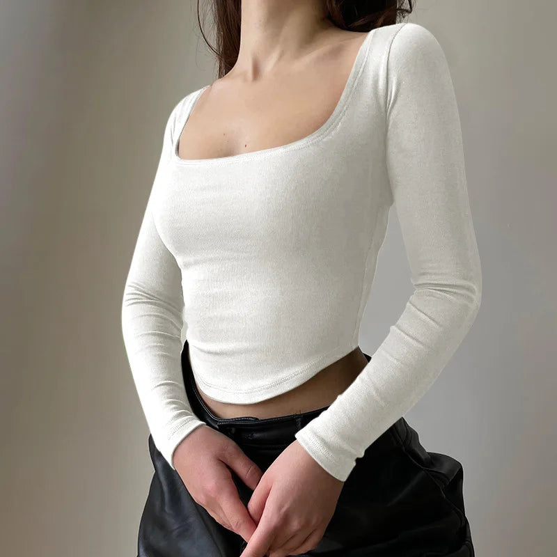 Square Collar Long Sleeve Casual T Shirt.