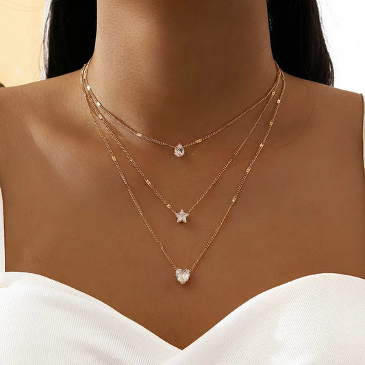 Crystal Zircon Heart Star Charm Layered Pendant Necklace Set.