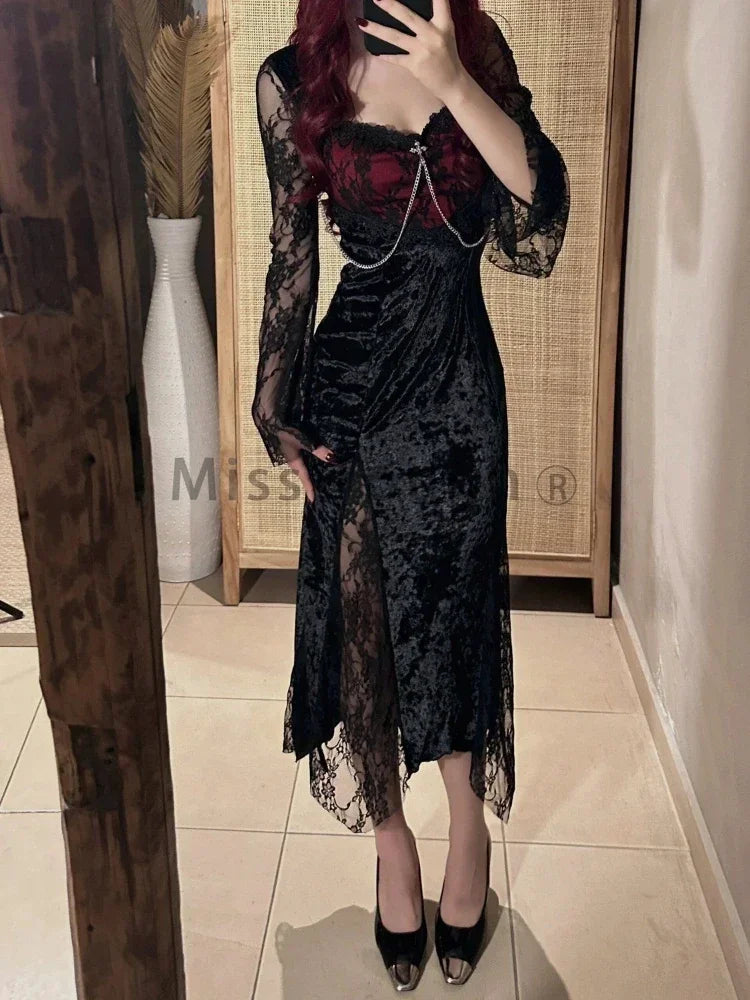 Summer Gothic Grunge Lace Dress Dark Slim Dress.