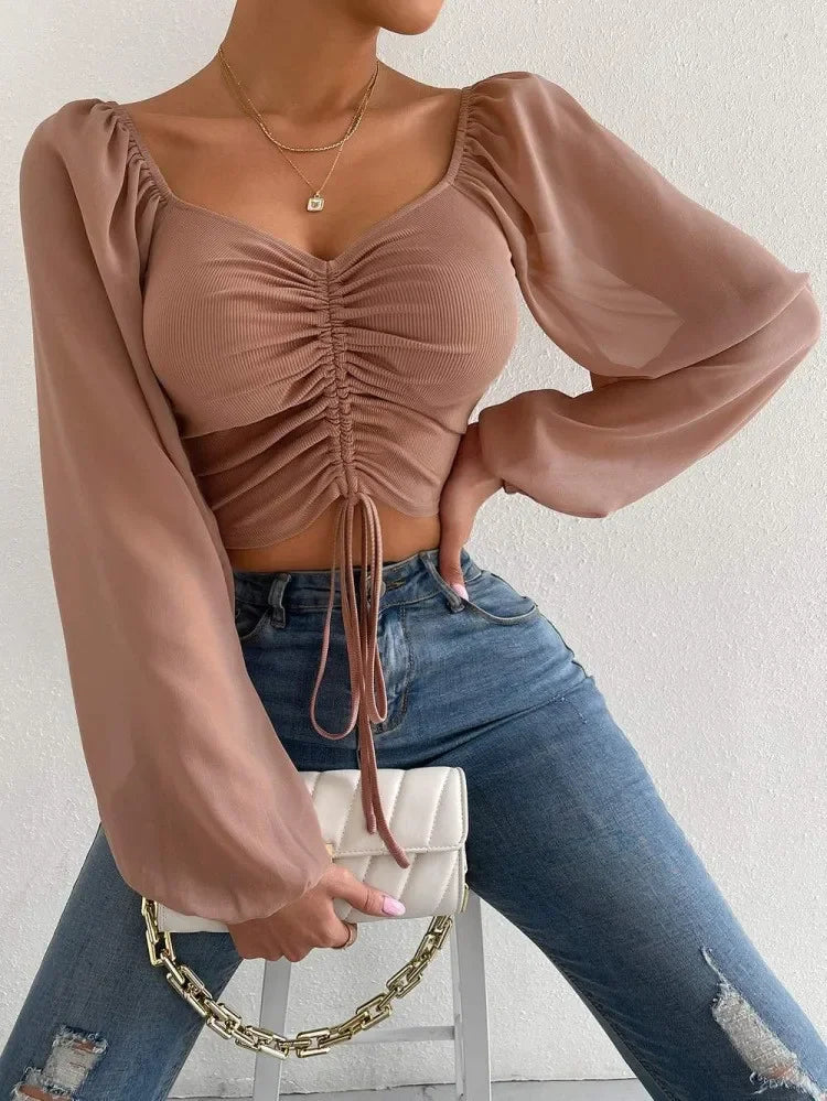 Sexy Women Mesh Lantern Sleeves Wrap Chest Bare Midriff T Shirt.