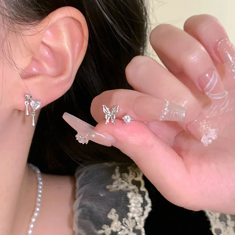 6Pcs/set Silver Color Rhinestone Butterfly Earrings.