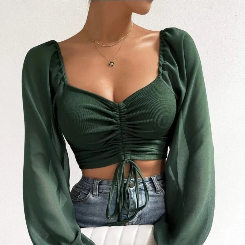 Sexy Women Mesh Lantern Sleeves Wrap Chest Bare Midriff T Shirt.