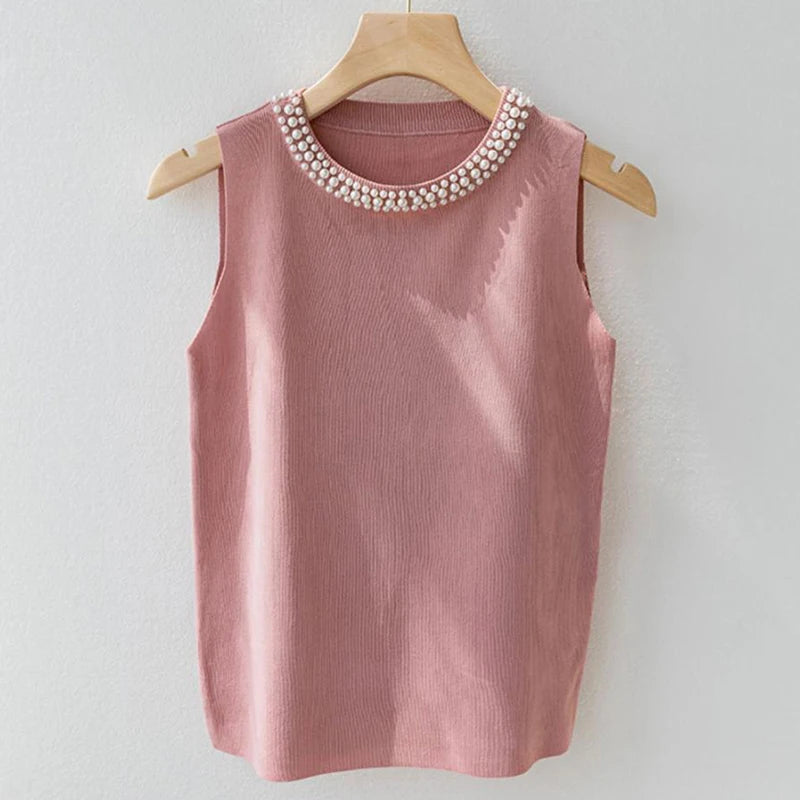 Knitted Vests Top Solid Tank Blusas Sleeveless Beading Casual Tops Thin Mujer De Moda.