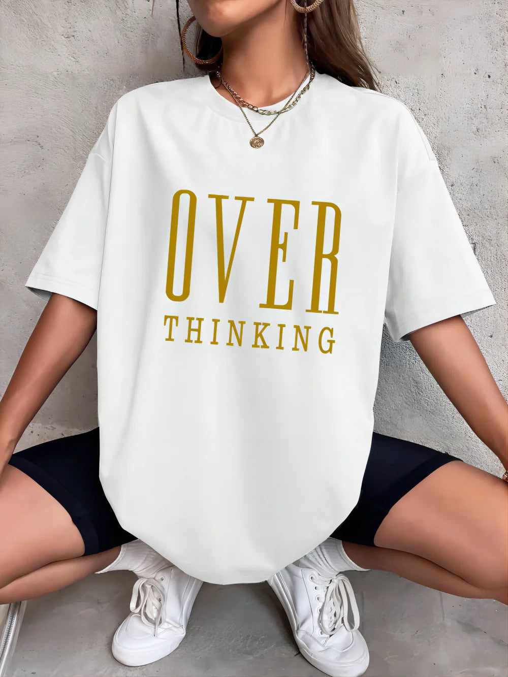 Over Thinking Letter Print Breathable Vintage O-Neck T-Shirt.