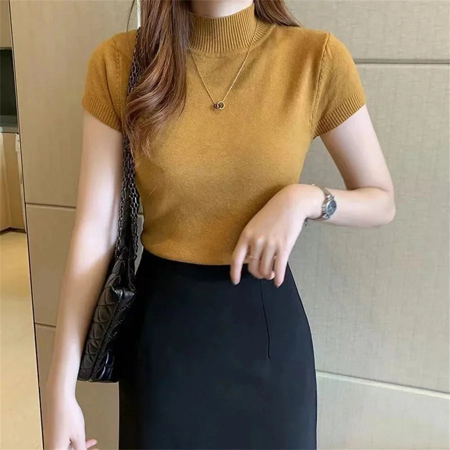 Summer Knitted Pullover Sweater Lady Casual Turtleneck T-Shirt