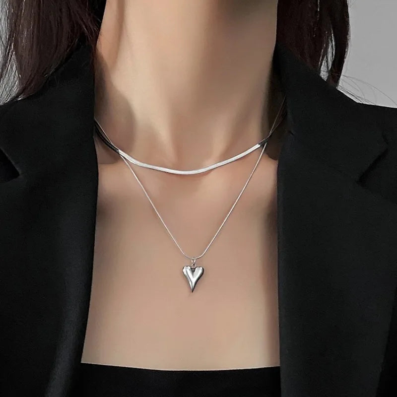 Double Layered Love Heart Pendant Necklace.