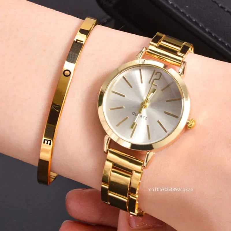 Ladies Simple Digital Alloy with Quartz Watch Bracelet 2pcs Set.